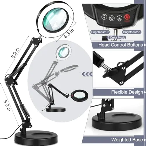 10X Magnifying Glass with Light, Krstlv Upgrade Button 5 Color Modes Stepless Dimmable 2-in-1 LED Lighted Desk Lamp & Clamp, Hands Free Magnifier