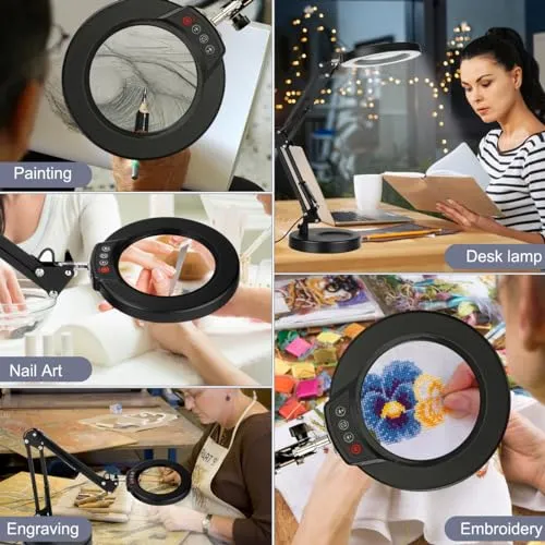 10X Magnifying Glass with Light, Krstlv Upgrade Button 5 Color Modes Stepless Dimmable 2-in-1 LED Lighted Desk Lamp & Clamp, Hands Free Magnifier