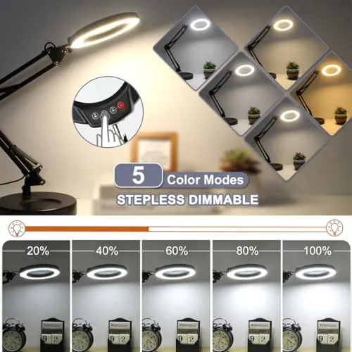 10X Magnifying Glass with Light, Krstlv Upgrade Button 5 Color Modes Stepless Dimmable 2-in-1 LED Lighted Desk Lamp & Clamp, Hands Free Magnifier