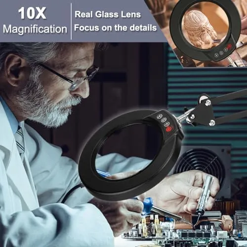 10X Magnifying Glass with Light, Krstlv Upgrade Button 5 Color Modes Stepless Dimmable 2-in-1 LED Lighted Desk Lamp & Clamp, Hands Free Magnifier