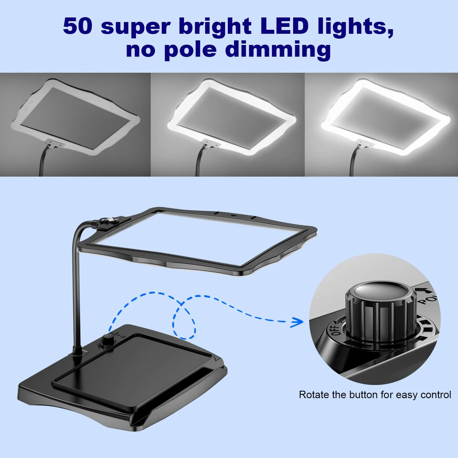 10X Square Magnifying Glass with Light and Stand, Real Glass LED Illuminated Magnifying Glass, 5 Color Modes Continuously Dimmable, Hands-Free Mag Desk Lamp with Clamp for Reading Craft Hobby Closing Work, Black 8079-2