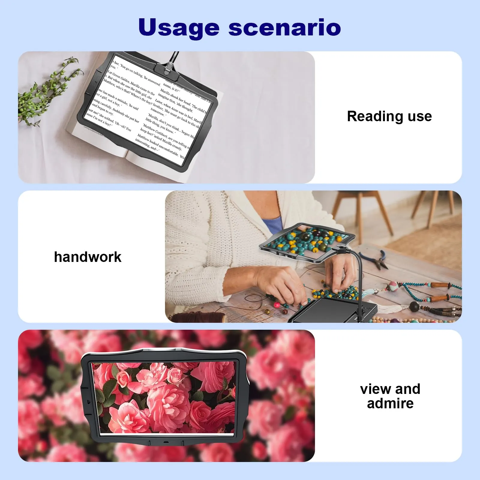 10X Square Magnifying Glass with Light and Stand, Real Glass LED Illuminated Magnifying Glass, 5 Color Modes Continuously Dimmable, Hands-Free Mag Desk Lamp with Clamp for Reading Craft Hobby Closing Work, Black 8079-2