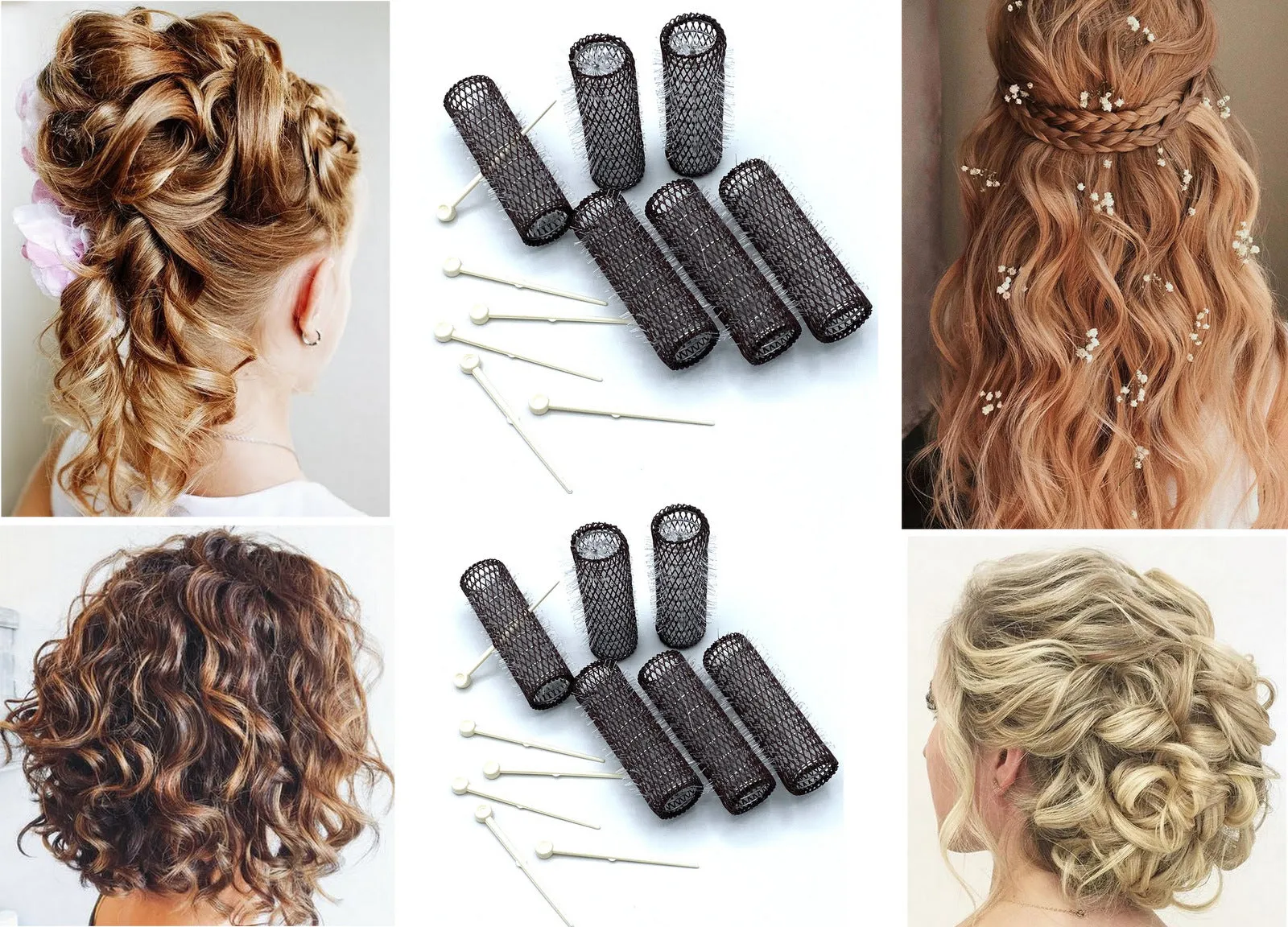 12 pc Vintage Style Hair Rollers BRUSH ROLLERS & 12 PINS - Mesh Hair Curlers with Bristles 3"x 7/8" (12 Large Rollers & Pins)