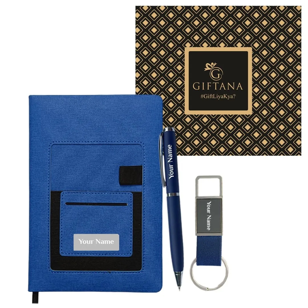 3 in 1 Customized Diary, Metal Keychain, Pen Combo Set with Name - Blue
