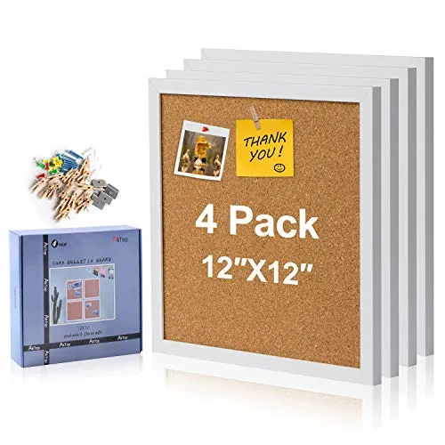 AkTop Cork Board Bulletin Board 12x12, White Framed Corkboard 4 Pack, Small Square Pin Board for Wall, Mini Thick Cork Tiles with 16 Push Pin Wood Clips for School, Home & Office