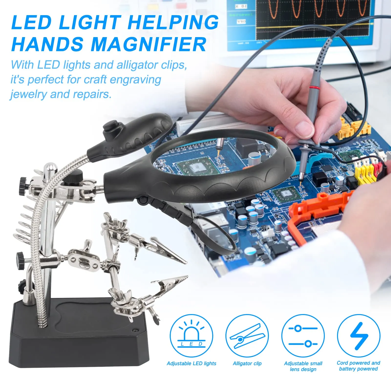AORAEM LED Light Helping Hands Magnifier Station,2.5X 7.5X 10X Magnifying Glass Soldering with Clamp and Alligator Clips Desktop Magnifer Stand for Craft Carving Jewelry