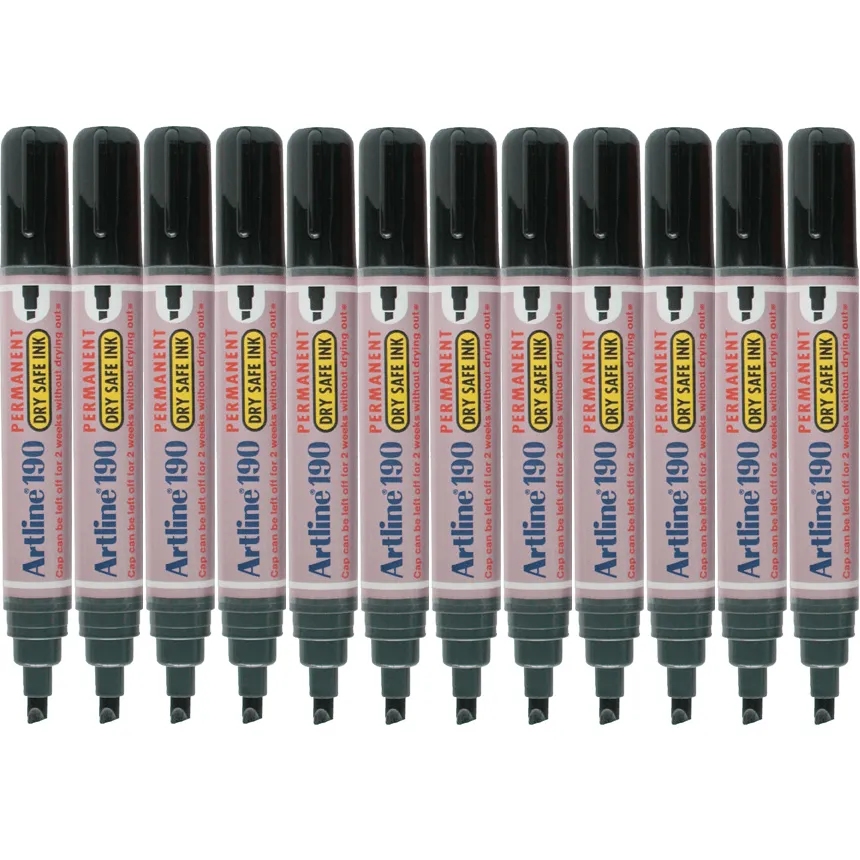 Artline 190 Permanent Marker 5mm Chisel Nib Black Box 12