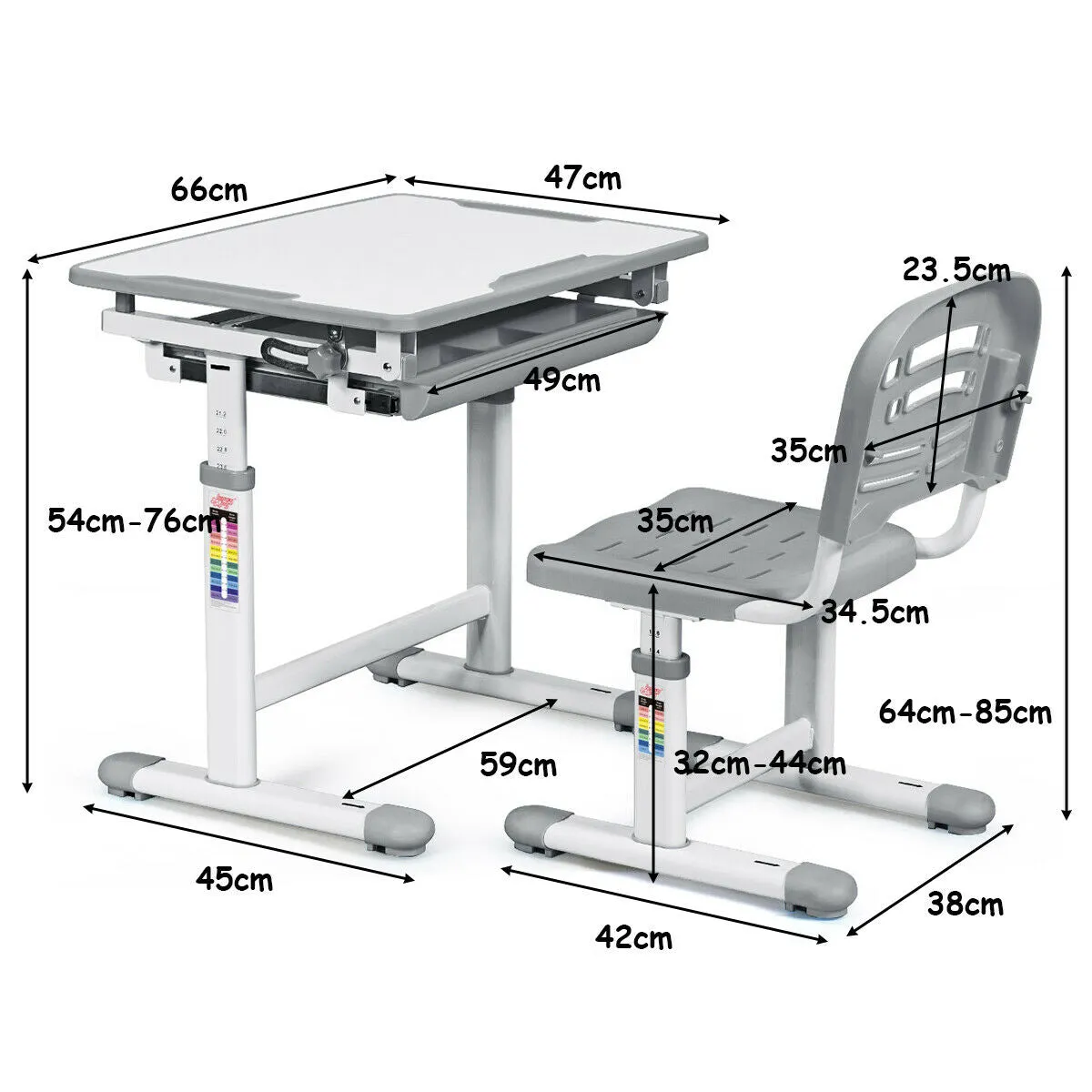 Children's Ergonomic Height Adjustable Study Desk and Chair-Grey