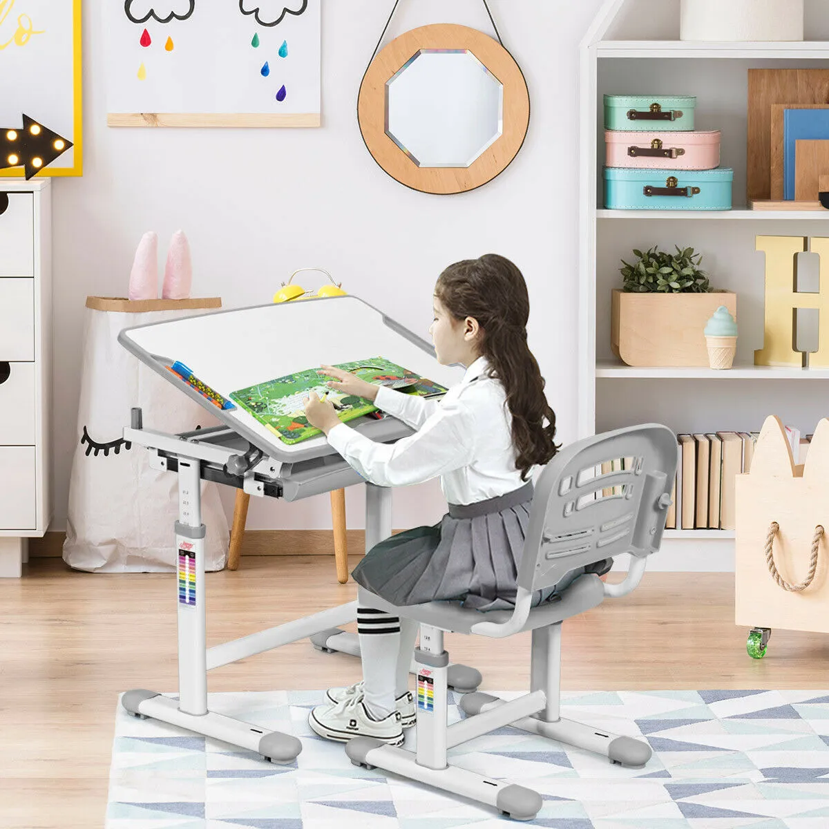 Children's Ergonomic Height Adjustable Study Desk and Chair-Grey