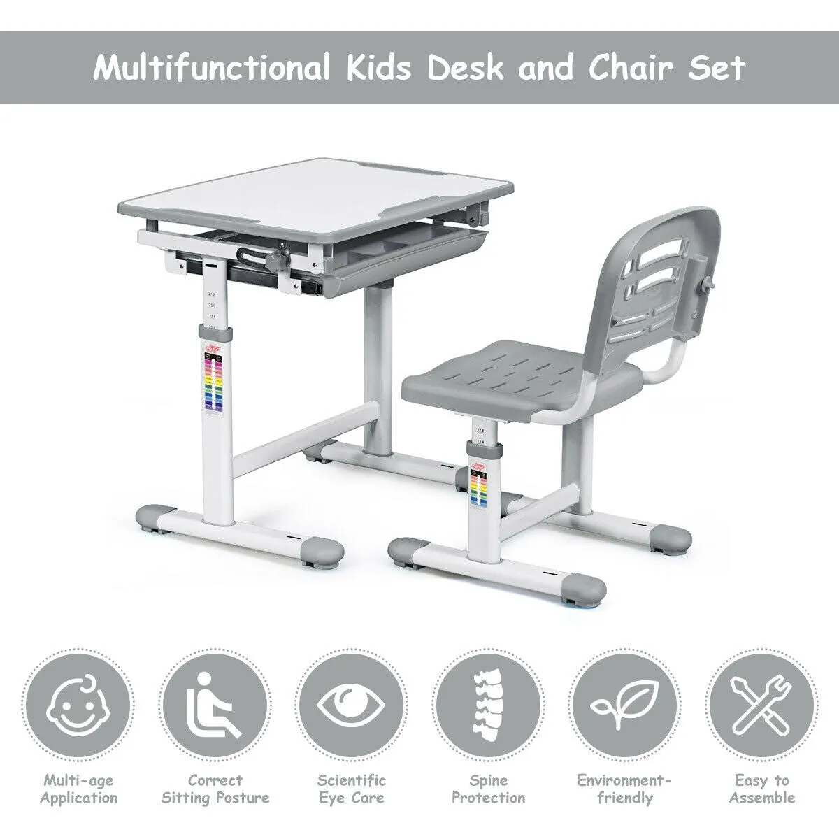 Children's Ergonomic Height Adjustable Study Desk and Chair-Grey