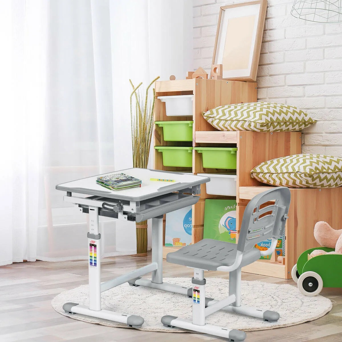 Children's Ergonomic Height Adjustable Study Desk and Chair-Grey