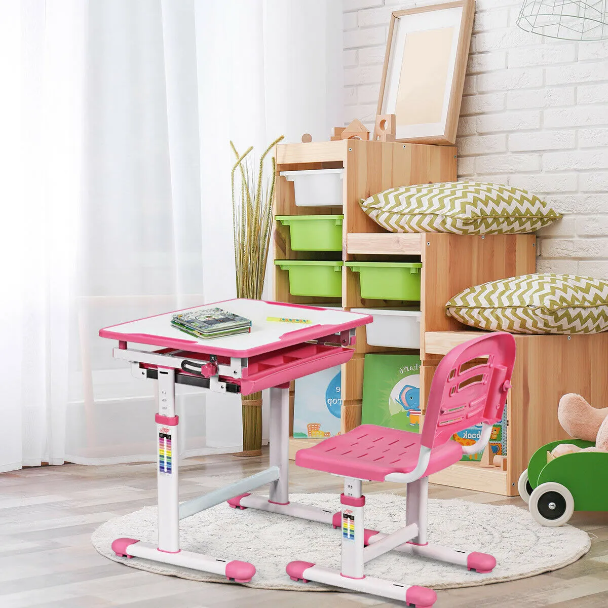 Children's Ergonomic Height Adjustable Study Desk and Chair-Pink