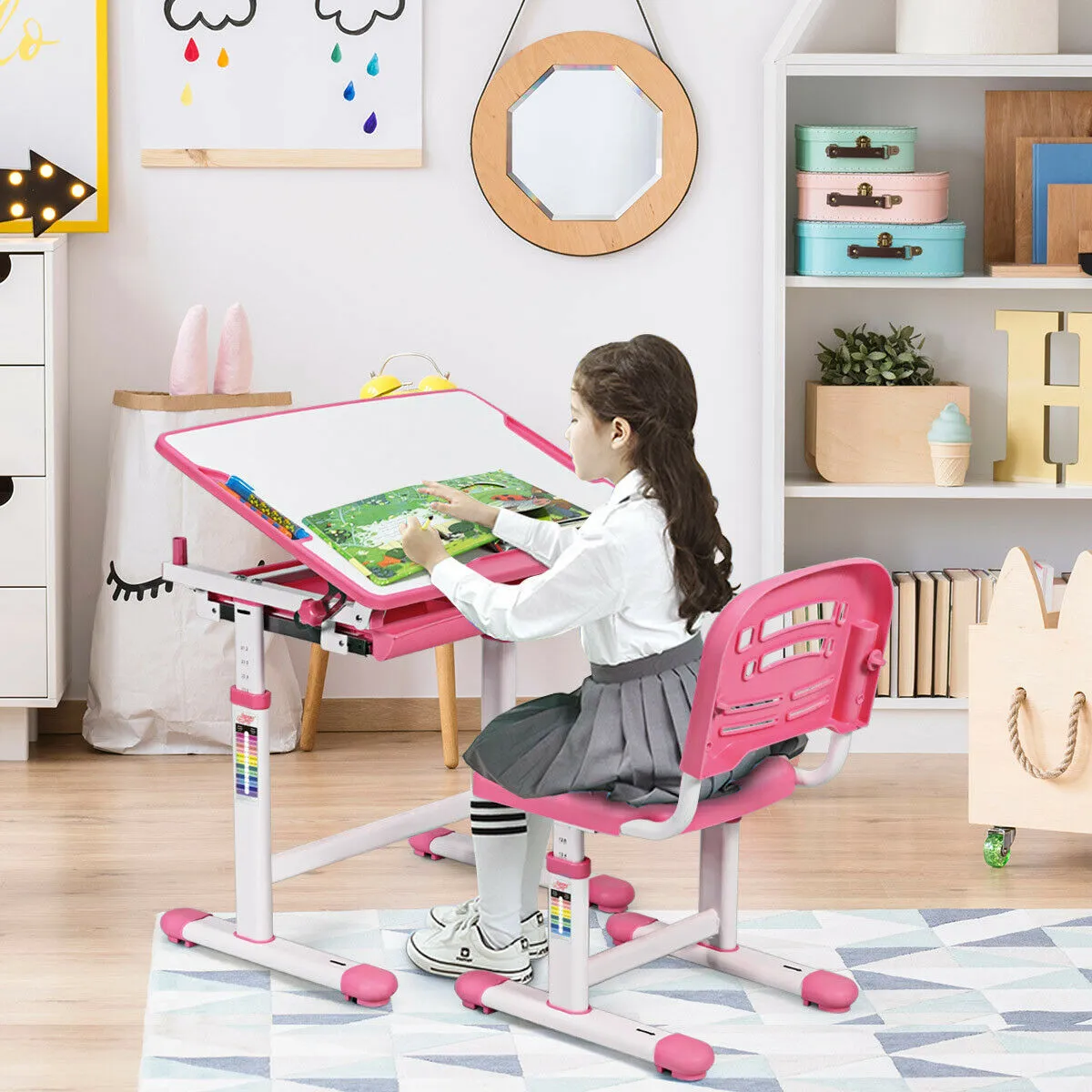 Children's Ergonomic Height Adjustable Study Desk and Chair-Pink