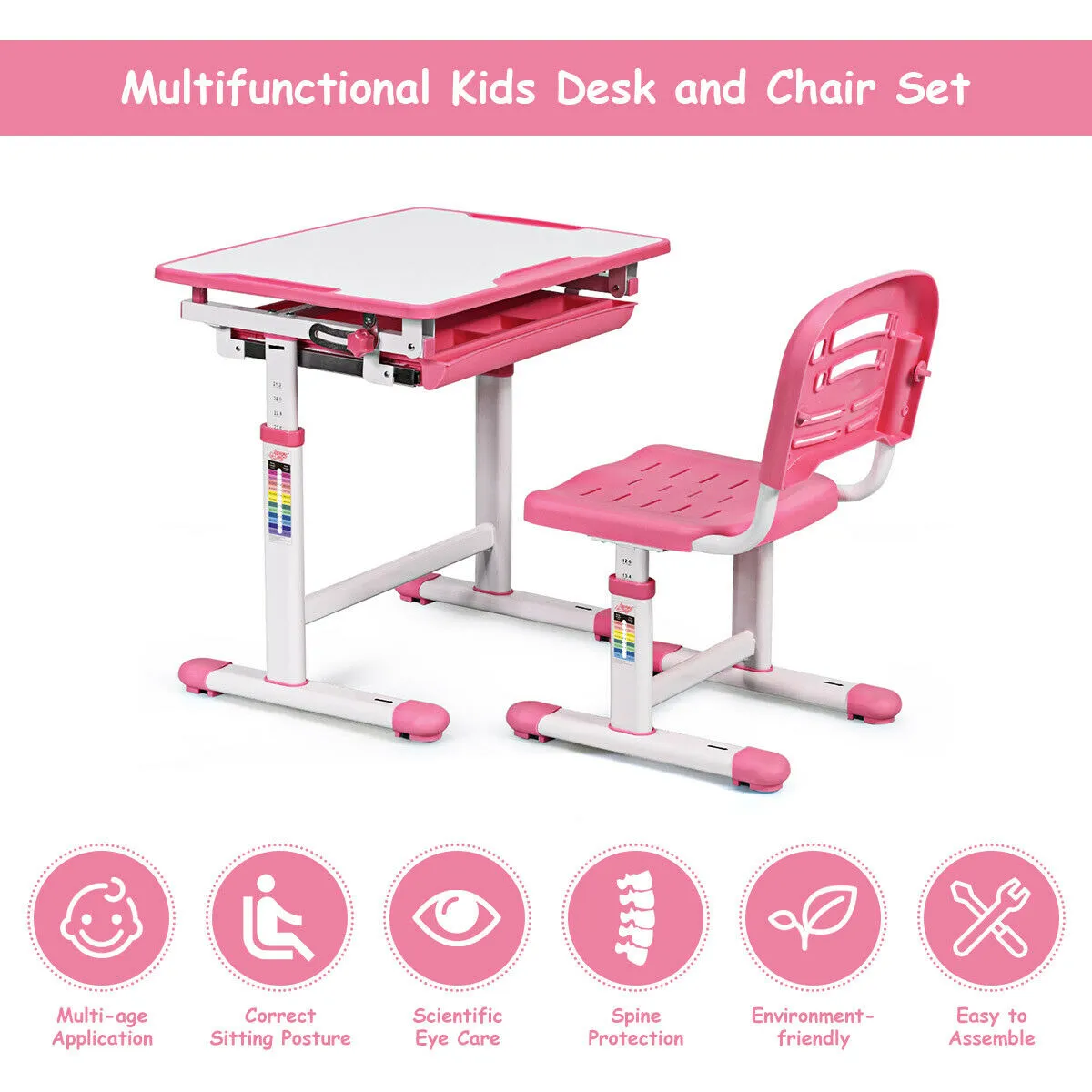 Children's Ergonomic Height Adjustable Study Desk and Chair-Pink