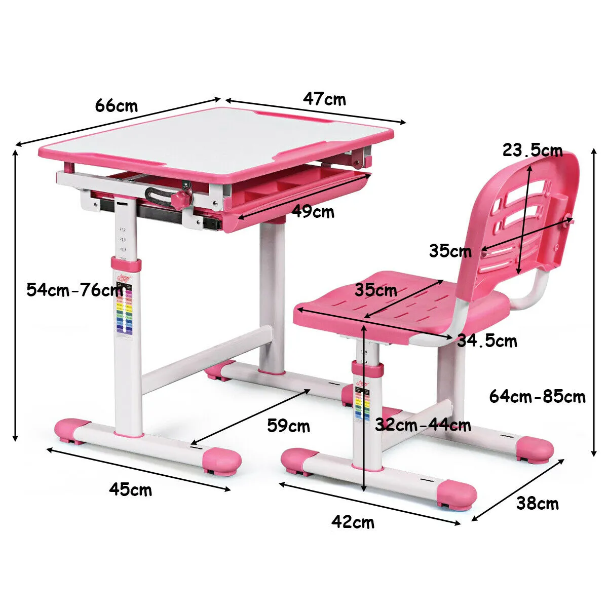 Children's Ergonomic Height Adjustable Study Desk and Chair-Pink