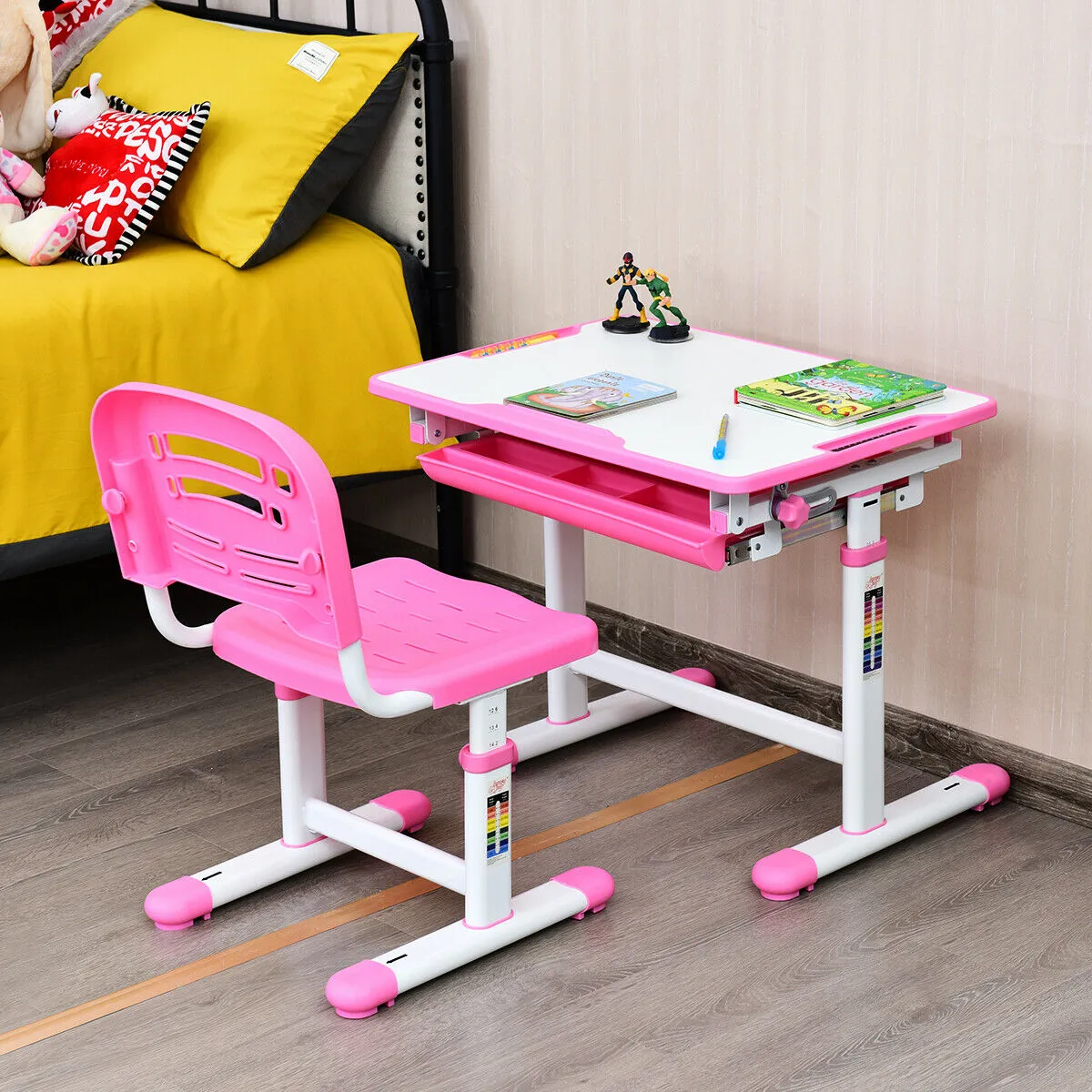 Children's Ergonomic Height Adjustable Study Desk and Chair-Pink