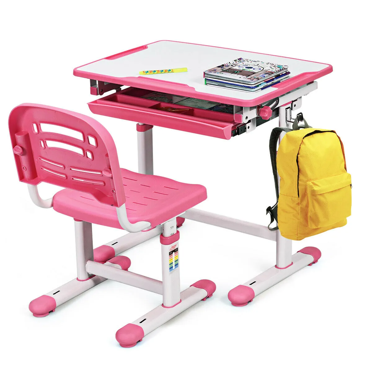 Children's Ergonomic Height Adjustable Study Desk and Chair-Pink