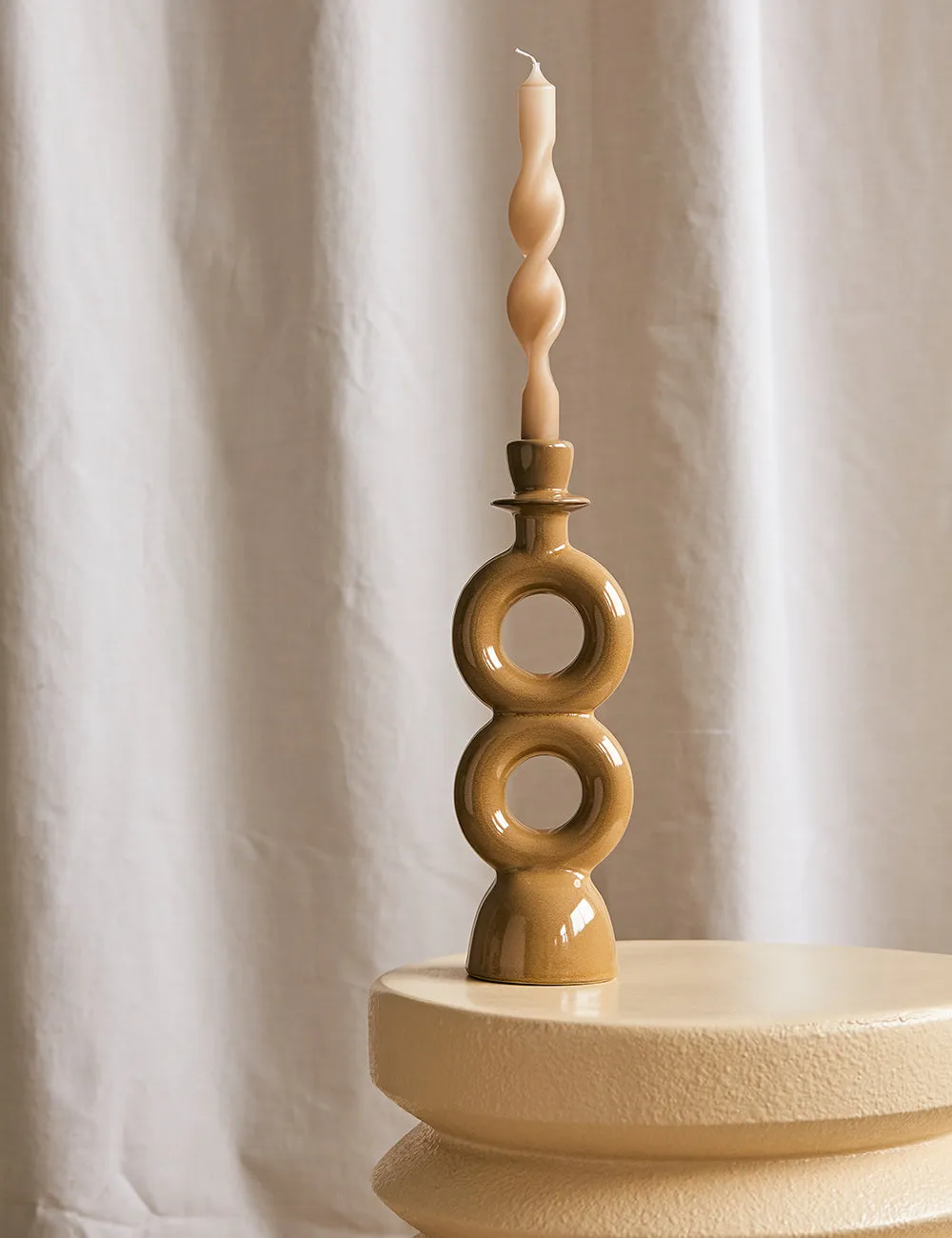 Double Circle Stoneware Candle Holder - Mustard