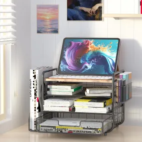 Large Wooden Desk Organizer with Drawer and Trays