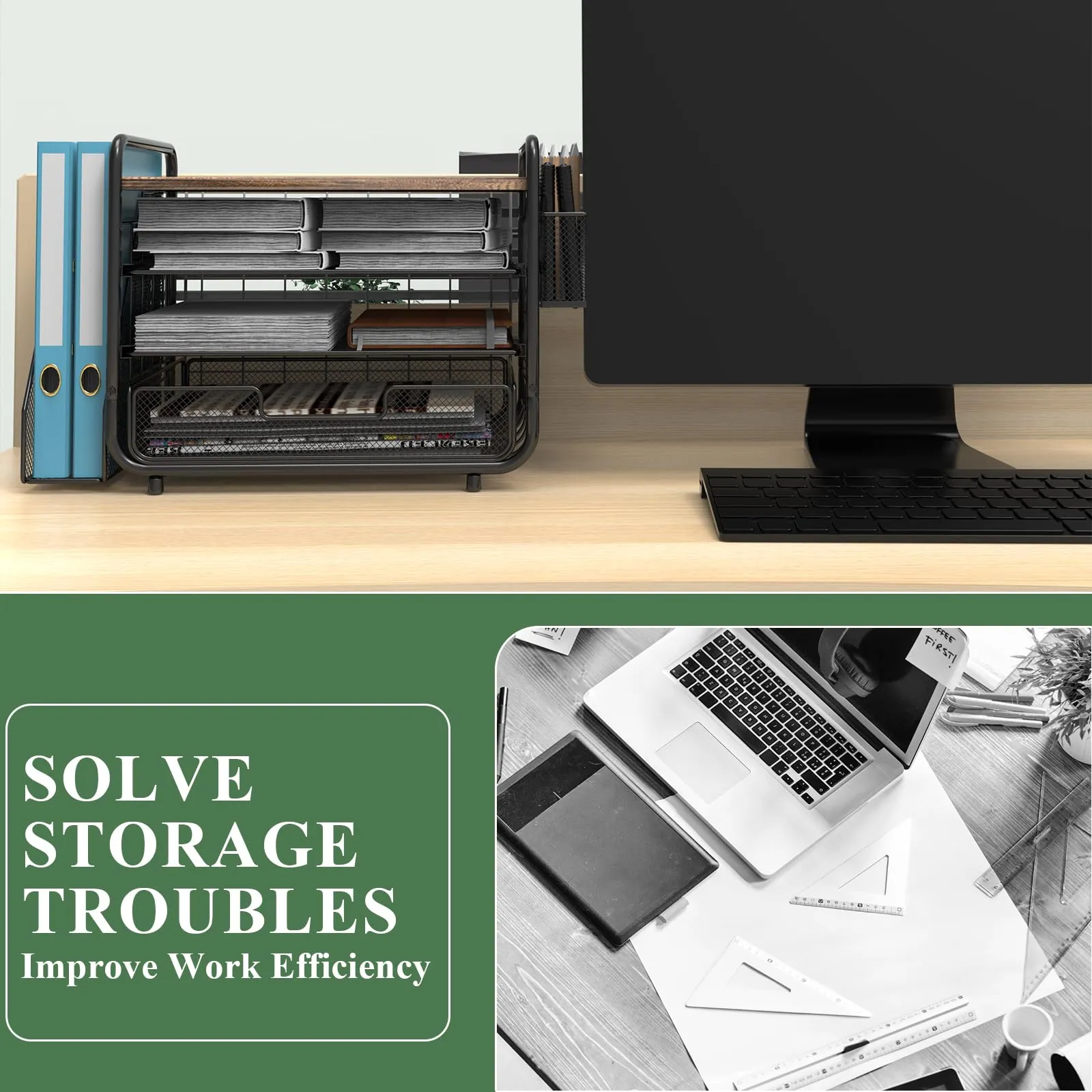 Large Wooden Desk Organizer with Drawer and Trays