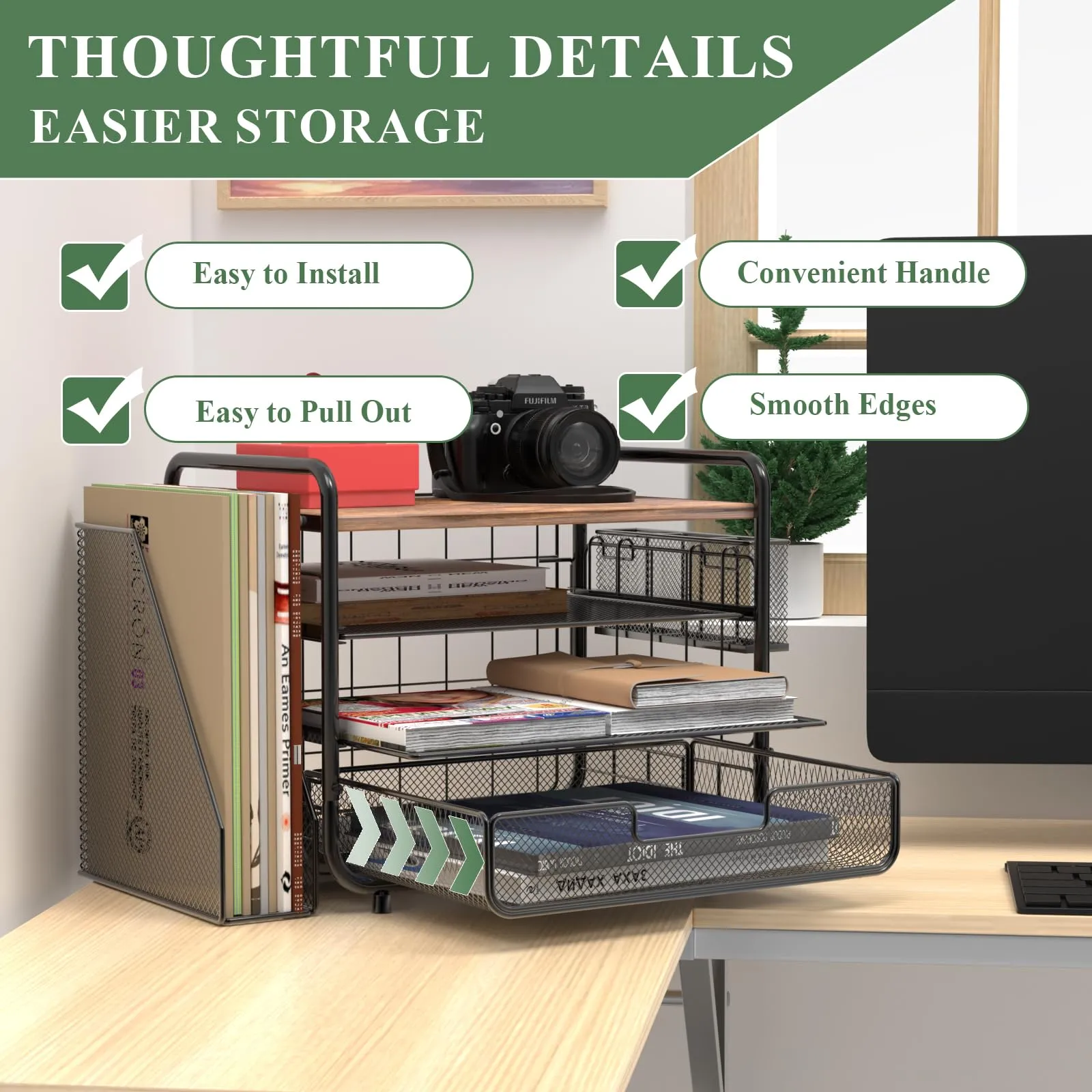 Large Wooden Desk Organizer with Drawer and Trays