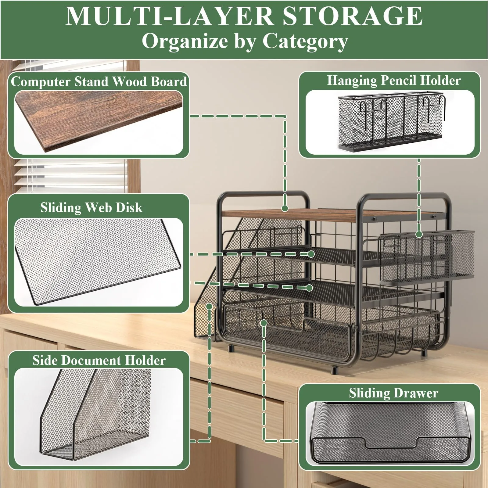 Large Wooden Desk Organizer with Drawer and Trays