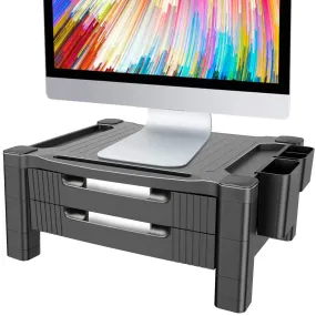 Monitor Stand Riser with Dual Storage Drawers - Adjustable Computer Screen Riser Printer Stand, Desk Organizer with Phone and Tablet Slot - Removable Holder for Pen Pencil Office Supplies by HUANUO
