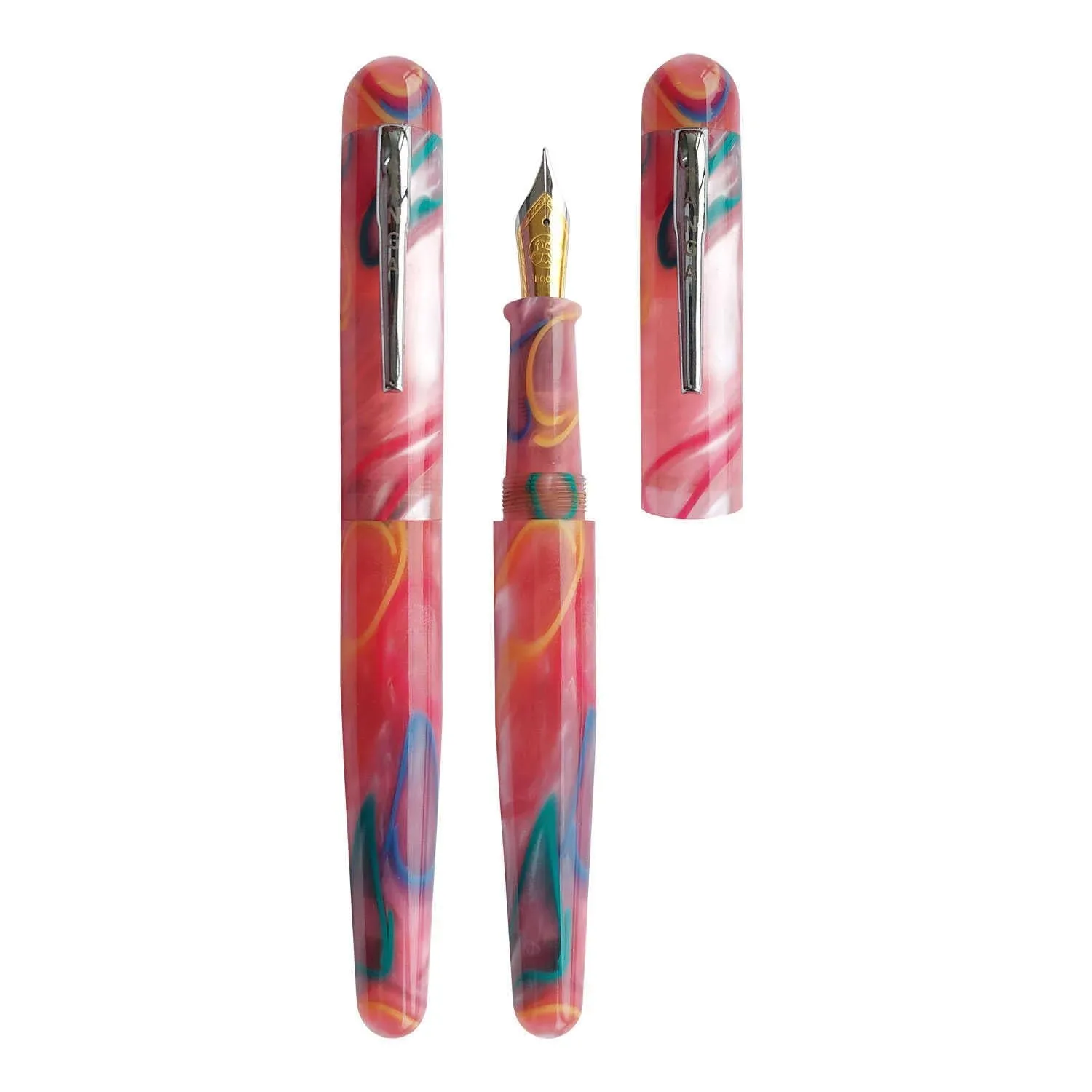 Ranga Pens Model 4C Regular Acrylic Fountain Pen, Pink With Colored Rings - Steel Nib
