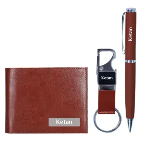 Stylish Brown Wallet, Pen & Keychain Set - Custom Gifts for Men